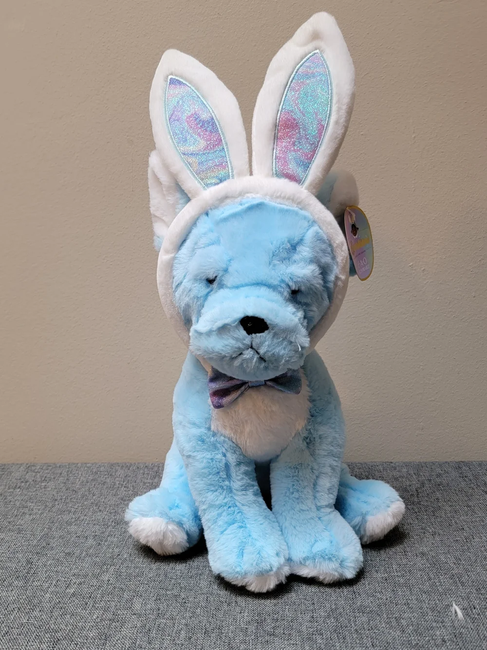 FAO Schwarz Light Blue and White Plush Puppy with Bunny Ears